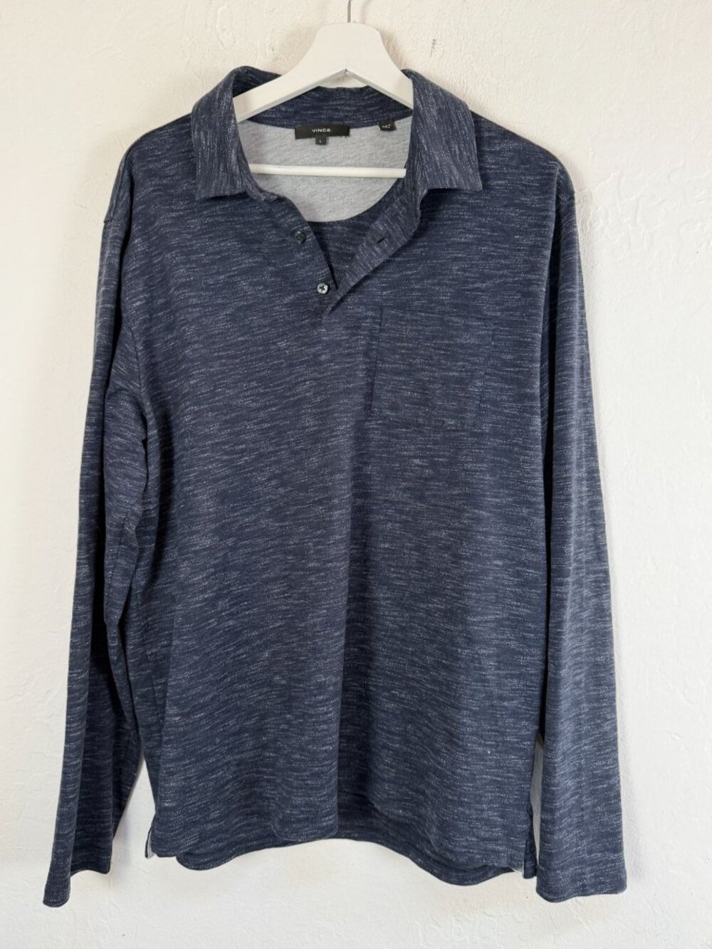 Vince Mens Navy Heather Long-Sleeve Cotton-Blend Polo Shirt Size Large Casual